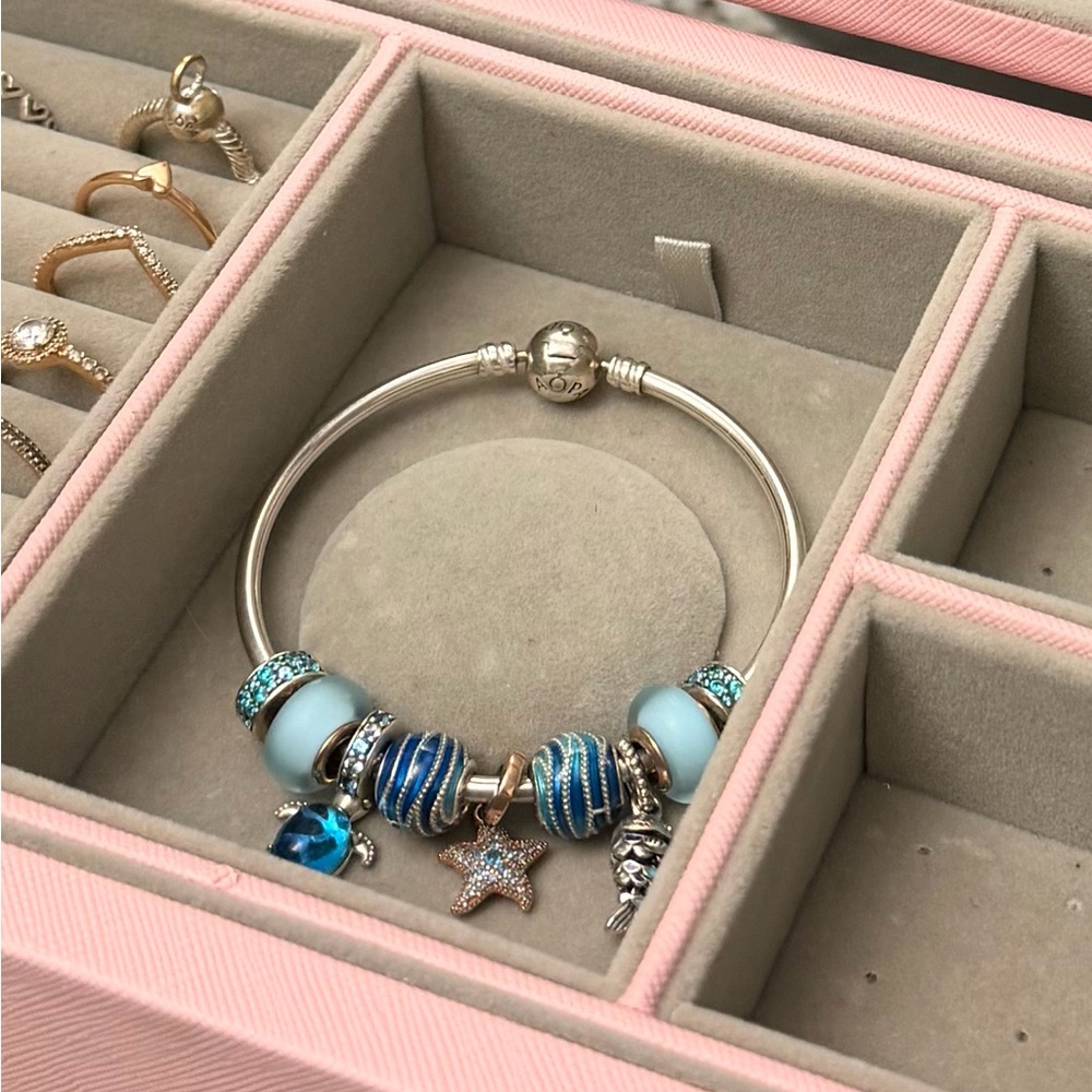 Pandora Silver Bracelet size 7.9(Medium Bangle)with Blue and Turquoise Charms